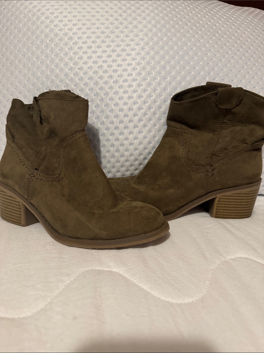 Target Olive Suede Low Block Heel Ankle Booties